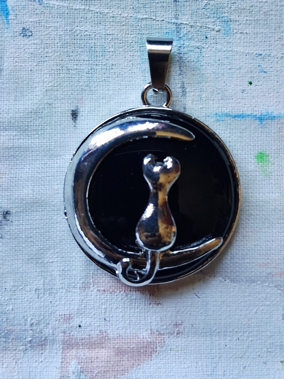 Silver Cat Pendant on Black Enamel - Pet Jewelry